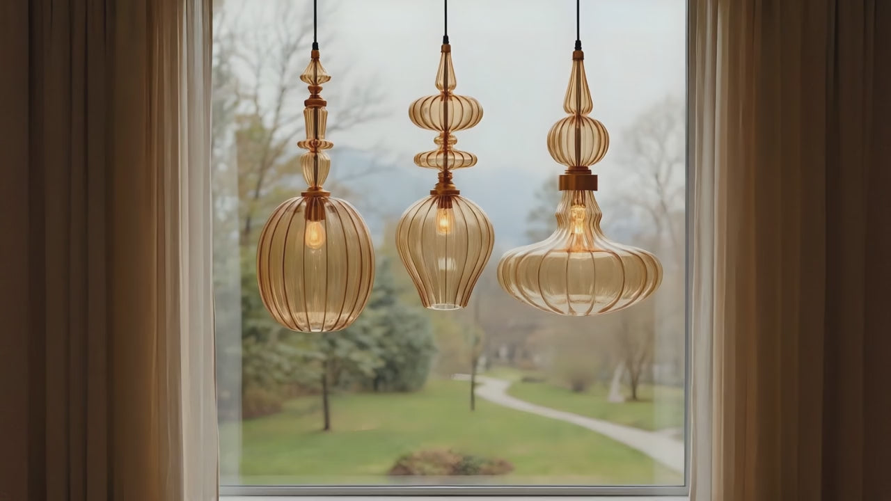 Amber Blown Glass Pendant Light Set Handmade